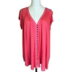 Free People Womens Small Button Front Tunic Top Pink Short Sleeves Smocked Back